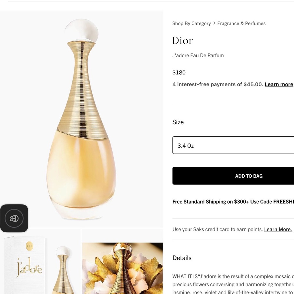 Dior J'adore fragrance Decorative Bottle Accent - Gold and Cream perfume